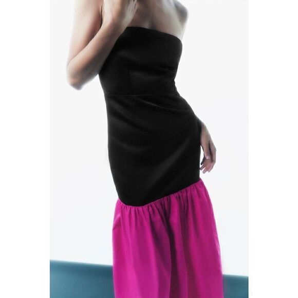 ZARA PRINCESS DIANA INSPIRED RHINESTONE FLARED HEM LONG CONTRAST DRESS BLACK FUC - Picture 15 of 16